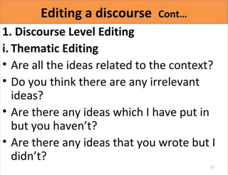 EEddiittiinngg aa ddiissccoouurrssee CCoonntt…… 
1. Discourse Level Editing 
i. Thematic Editing 
• Are all the ideas related to the context? 
• Do you think there are any irrelevant 
ideas? 
• Are there any ideas which I have put in 
but you haven’t? 
• Are there any ideas that you wrote but I 
didn’t? 
15 
 