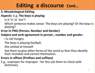 EEddiittiinngg aa ddiissccoouurrssee CCoonntt…… 
3. Morphological Editing 
Aspects: E.g. The boys is playing. 
Is it ‘is’ or ‘are’? 
Which sentence makes sense- The boys are playing? Or the boys is 
playing? 
Error in PNG (Person, Number and Gender) 
Subject and verb agreement in person , number and gender. 
I is not hungry. 
The boys is playing football. 
She smiled at himself. 
Ask them to give other forms of the word so that they identify 
their mistakes and correct themselves. 
Errors in affixes (Prefixes and suffixes) 
E.g.: unproper for improper - for this ask them to check with 
dictionary 
17 
 