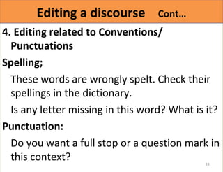 EEddiittiinngg aa ddiissccoouurrssee CCoonntt…… 
4. Editing related to Conventions/ 
Punctuations 
Spelling; 
These words are wrongly spelt. Check their 
spellings in the dictionary. 
Is any letter missing in this word? What is it? 
Punctuation: 
Do you want a full stop or a question mark in 
this context? 
18 
 