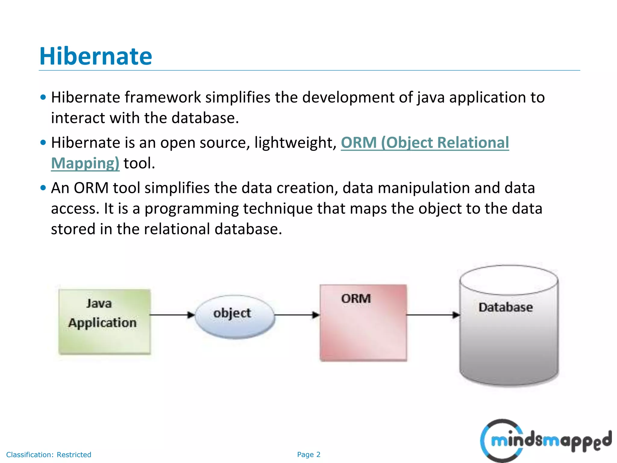 Page 2Classification: Restricted
Hibernate
• Hibernate framework simplifies the development of java application to
interact with the database.
• Hibernate is an open source, lightweight, ORM (Object Relational
Mapping) tool.
• An ORM tool simplifies the data creation, data manipulation and data
access. It is a programming technique that maps the object to the data
stored in the relational database.
 