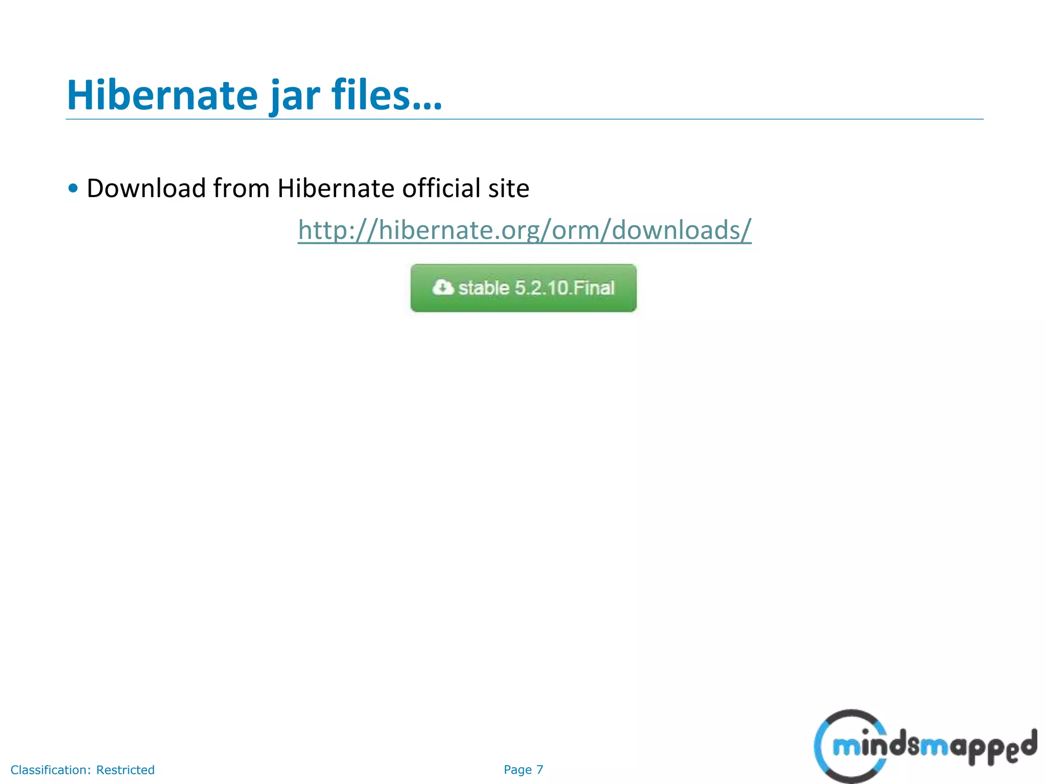 Page 7Classification: Restricted
Hibernate jar files…
• Download from Hibernate official site
http://hibernate.org/orm/downloads/
 