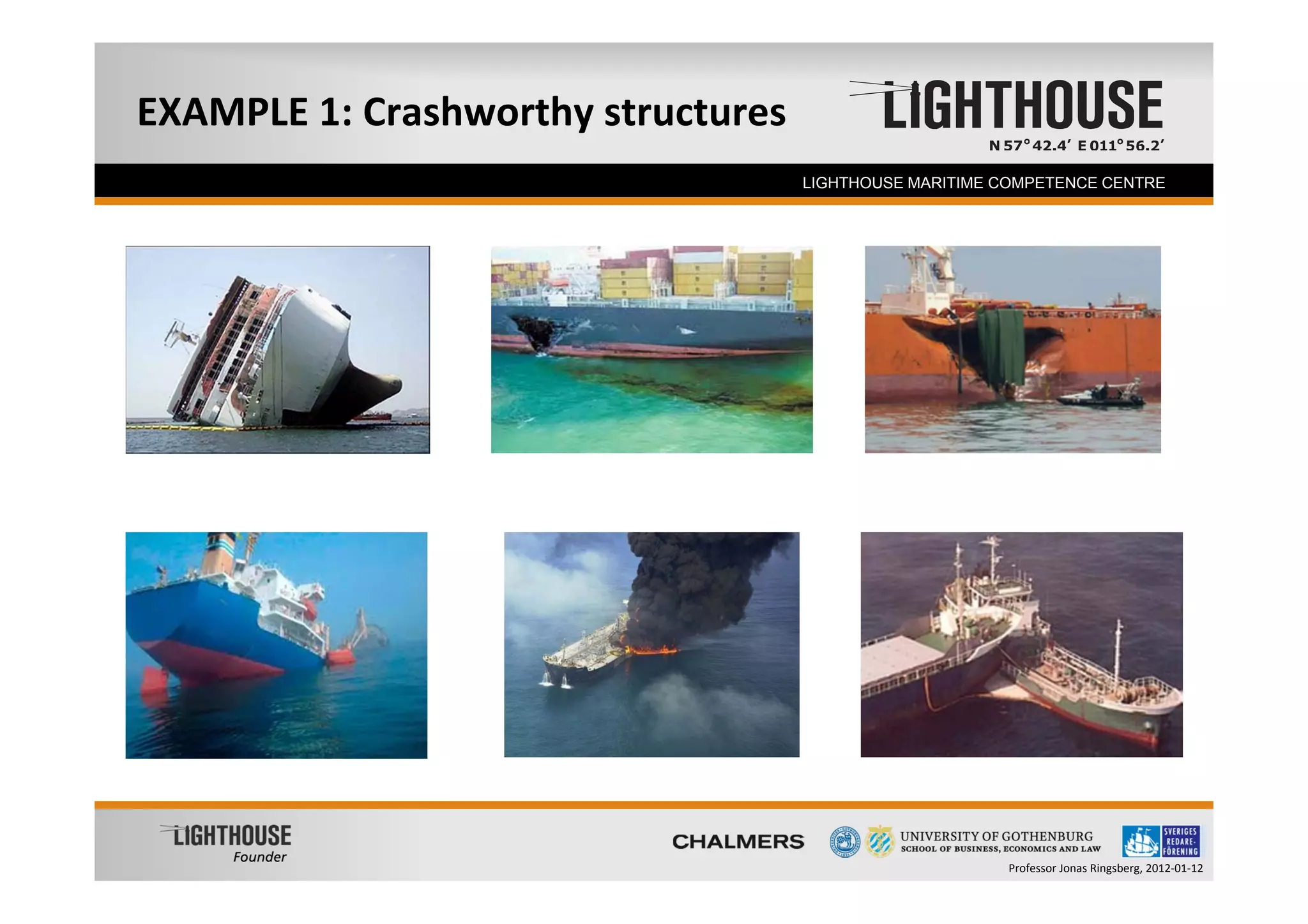 EXAMPLE 1: Crashworthy structures
  Founder                           LIGHTHOUSE MARITIME COMPETENCE CENTRE




                                                        Professor Jonas Ringsberg, 2012‐01‐12
 
