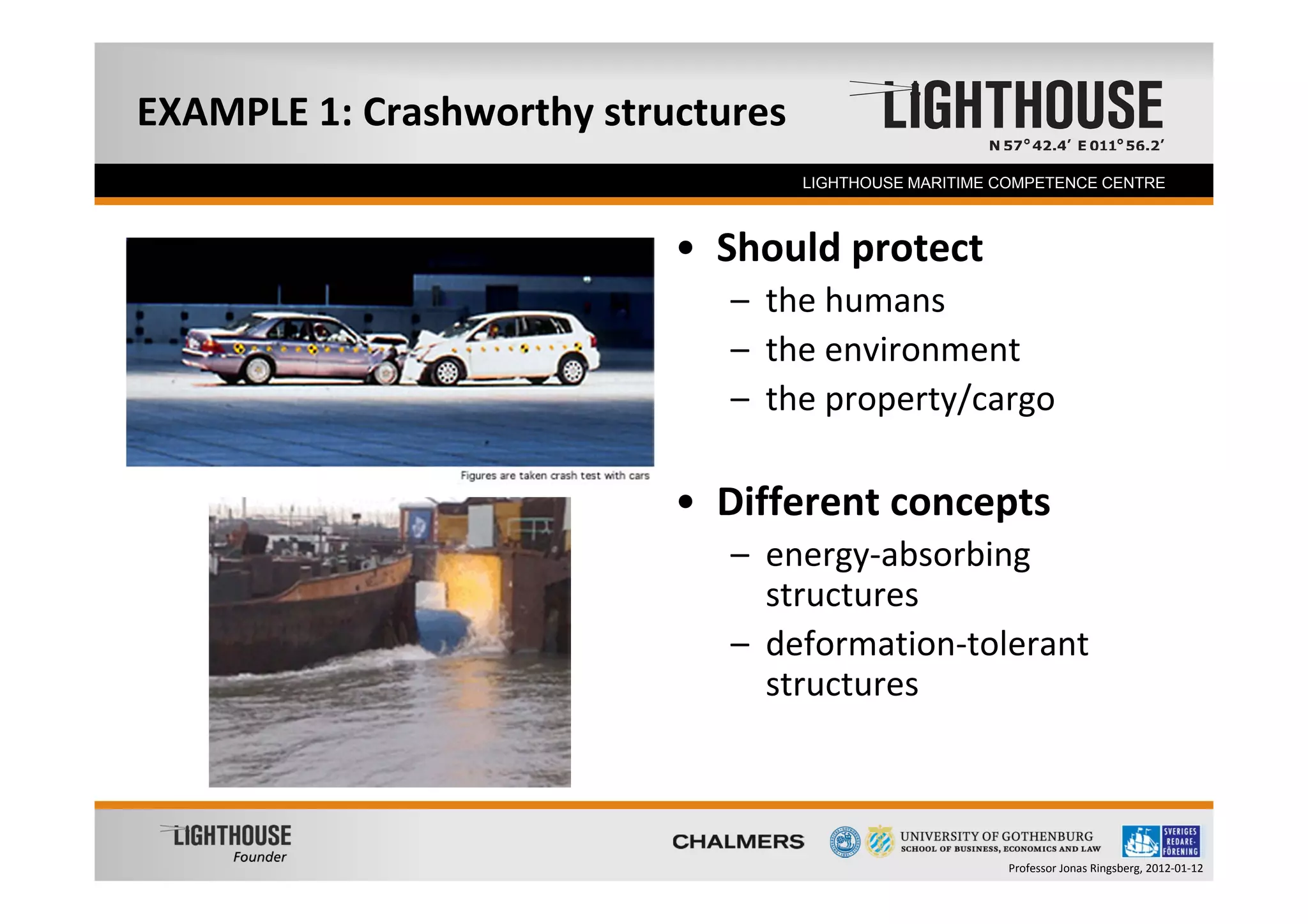 EXAMPLE 1: Crashworthy structures
  Founder                           LIGHTHOUSE MARITIME COMPETENCE CENTRE



                           • Should protect
                              – the humans
                              – the environment
                              – the property/cargo

                           • Different concepts
                              – energy‐absorbing 
                                structures
                              – deformation‐tolerant 
                                structures



                                                        Professor Jonas Ringsberg, 2012‐01‐12
 