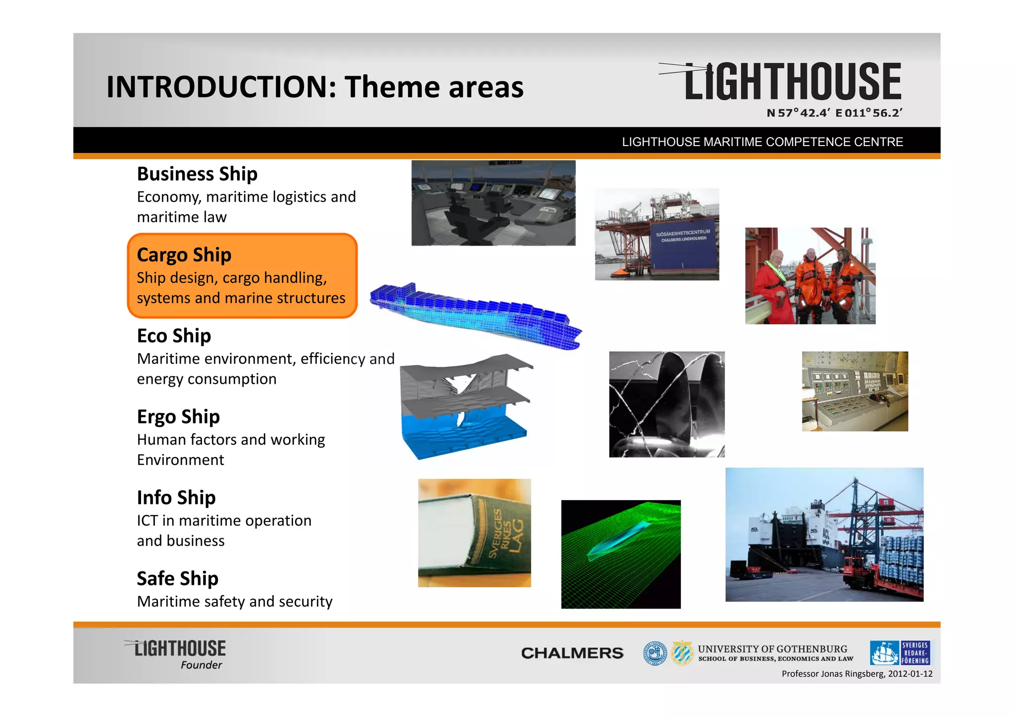 INTRODUCTION: Theme areas
  Founder                               LIGHTHOUSE MARITIME COMPETENCE CENTRE

 Business Ship
 Economy, maritime logistics and
 maritime law

 Cargo Ship
 Ship design, cargo handling,
 systems and marine structures

 Eco Ship
 Maritime environment, efficiency and
 energy consumption

 Ergo Ship
 Human factors and working
 Environment

 Info Ship
 ICT in maritime operation
 and business

 Safe Ship
 Maritime safety and security



                                                            Professor Jonas Ringsberg, 2012‐01‐12
 