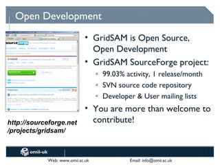 Open Development
                             • GridSAM is Open Source,
                               Open Development
                             • GridSAM SourceForge project:
                                  o   99.03% activity, 1 release/month
                                  o   SVN source code repository
                                  o   Developer & User mailing lists
                             • You are more than welcome to
http://sourceforge.net         contribute!
/projects/gridsam/



            Web: www.omii.ac.uk               Email: info@omii.ac.uk
 
