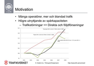 Motivation
• Många operatörer, mer och blandad trafik
• Högre utnyttjande av spårkapaciteten
     g      y j          p     p
   – Trafikstörningar => Direkta och följdförseningar
  125
                                               Passenger traf f ic volume (11 Billion paxkm in 2008)



  120
                      Freight traf f ic volume (23.3 Billion tonnekm in 2008)


  115
                                                                                    Accumulated delay (89 493 hours, 1/3 f or pax traf f ic, in
                                                                                    2008)

  110



  105



  100



  95
        2002   2003           2004              2005               2006            2007                2008

                           H. Grahn & J. Törnquist Krasemann                                                   http://www.bth.se/com/eot/
 