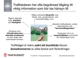 Trafikledaren har ofta begränsad tillgång till
                                g           g g
       viktig information som bör tas hänsyn till
                      Tågens aktuella körprofil, dvs.
                       längd, vikt, accelerations- och
  Tågens aktuella          bromsförmåga, mm
                           bromsförmåga mm.
  resp. position
  och hastighet
                                                          Aktuella trafikutbyten, andra
                                                               associationer och
                                                                      i ti      h
                                                            ”leveransåtaganden”
     (Prognos om)
  infrastrukturens                                             Prognoser om t ex
aktuella prestanda                                         resenärsflöden (minimitid
   nu och under den                                           för trafikutbyte mm)
 kommande timmen


     Trafikläget är tidvis svårt att överblicka liksom 
     Trafikläget är tidvis svårt att överblicka liksom
     konsekvenserna av olika beslut och förändringar.

                      H. Grahn & J. Törnquist Krasemann          http://www.bth.se/com/eot/
 
