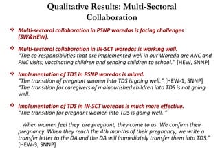 Qualitative Results: Multi-Sectoral
Collaboration
 Multi-sectoral collaboration in PSNP woredas is facing challenges
(SW&HEW).
 Multi-sectoral collaboration in IN-SCT woredas is working well.
“The co-responsibilities that are implemented well in our Woreda are ANC and
PNC visits, vaccinating children and sending children to school.” [HEW, SNNP]
 Implementation of TDS in PSNP woredas is mixed.
“The transition of pregnant women into TDS is going well.” [HEW-1, SNNP]
“The transition for caregivers of malnourished children into TDS is not going
well.
 Implementation of TDS in IN-SCT woredas is much more effective.
“The transition for pregnant women into TDS is going well. ”
When women feel they are pregnant, they come to us. We confirm their
pregnancy. When they reach the 4th months of their pregnancy, we write a
transfer letter to the DA and the DA will immediately transfer them into TDS.”
[HEW-3, SNNP]
 