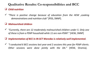  Child nutrition
 “There is positive change because of education from the HEW ,cooking
demonstrations and nutrition club” [PDS, SNNP].
 Malnourished children
 “Currently, there are 12 moderately malnourished children under 5. Only one
of these is from a PSNP household while 11 are non-PSNP.” [HEW, SNNP]
 Implementation of BCC in IN-SCT Woredas is relatively well implemented.
 “I conducted 6 BCC sessions last year and 2 sessions this year for PSNP clients.
Other sessions were done jointly with the DA.” [HEW, Oromia].
Qualitative Results: Co-responsibilities and BCC
 
