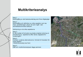 Multikriterieanalys Steg 5 CBA och multikriterianalysen läggs samman Steg 4 Hvordan vurderes alternativerne i forhold til hinanden för varje aspekt? Multikriterianalys tas fram Steg 3  Er det muligt at formulere og skabe enighed omkring en prioritering av  aspekterna efter deres vigtighed for vurderingen? Steg 2 Genomgång och definition av olika aspekter som tas med i utvärderingen utöver de som ingår i den samhällsekonomiska kalkylen  Definiering av de olika aspekterna Steg 1 Genomgång av det beslutsunderlag som finns tillgängligt 
