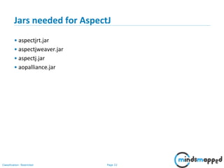 Page 22Classification: Restricted
Jars needed for AspectJ
• aspectjrt.jar
• aspectjweaver.jar
• aspectj.jar
• aopalliance.jar
 