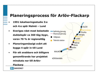 Planeringsprocess för Arlöv-Flackarp 1991 lokaliseringsstudie 3:e och 4:e spår Malmö – Lund Sveriges näst mest belastade dubbelspår ca 360 tåg/dygn, varav 70 % är regionaltåg Planeringsmässigt svårt att bygga 4 spår in till Lund För ett snabbare och billigare genomförande har projektet minskats ner till Arlöv-Flackarp  