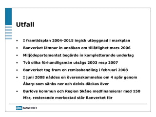Utfall I framtidsplan 2004-2015 ingick utbyggnad i markplan Banverket lämnar in ansökan om tillåtlighet mars 2006 Miljödepartementet begärde in kompletterande underlag Två olika förhandligsmän utsågs 2003 resp 2007 Banverket tog fram en remisshandling i februari 2008 I juni 2008 nåddes en överenskommelse om 4 spår genom Åkarp som sänks ner och delvis däckas över Burlövs kommun och Region Skåne medfinansierar med 150 Mkr, resterande merkostad står Banverket för 