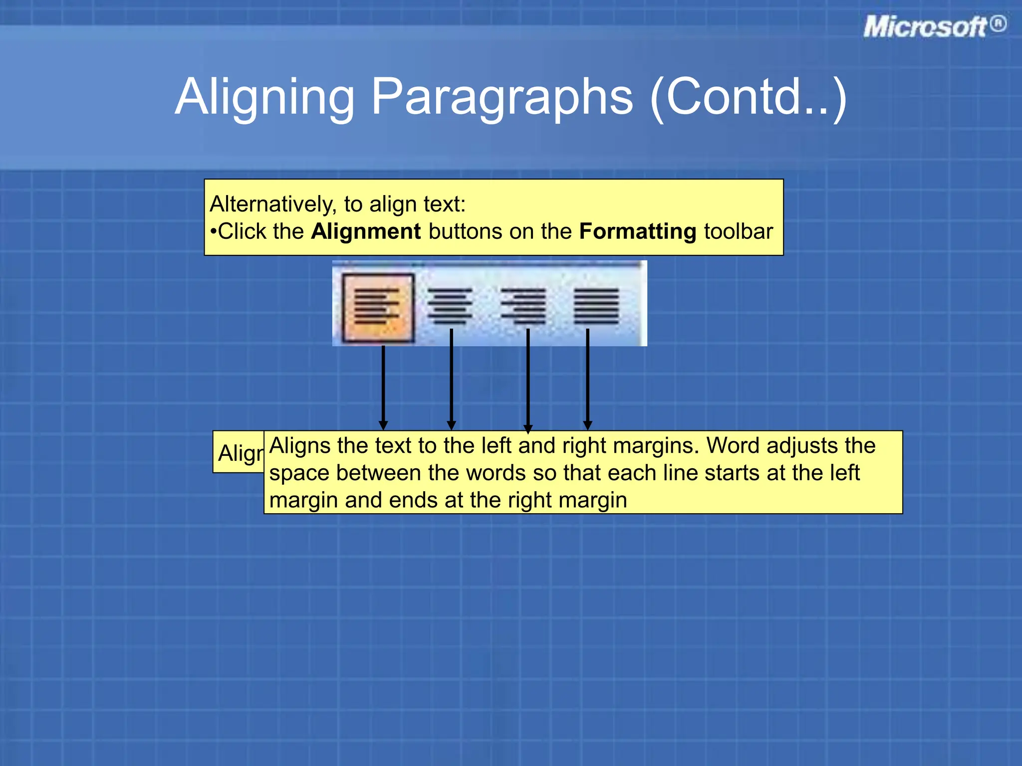 Aligning Paragraphs (Contd..)
Alternatively, to align text:
•Click the Alignment buttons on the Formatting toolbar
Aligns the text to the centre of the page.
Aligns the text to the left margin.
Aligns the text to the right margin
Aligns the text to the left and right margins. Word adjusts the
space between the words so that each line starts at the left
margin and ends at the right margin
 