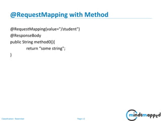 Page 13Classification: Restricted
@RequestMapping with Method
@RequestMapping(value="/student")
@ResponseBody
public String method0(){
return “some string";
}
 