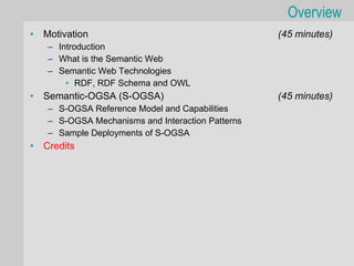 Overview
•   Motivation                                     (45 minutes)
    – Introduction
    – What is the Semantic Web
    – Semantic Web Technologies
        • RDF, RDF Schema and OWL
•   Semantic-OGSA (S-OGSA)                         (45 minutes)
    – S-OGSA Reference Model and Capabilities
    – S-OGSA Mechanisms and Interaction Patterns
    – Sample Deployments of S-OGSA
•   Credits
 