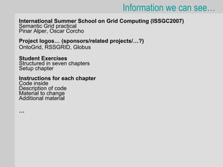 Information we can see…
International Summer School on Grid Computing (ISSGC2007)
Semantic Grid practical
Pinar Alper, Oscar Corcho
Project logos… (sponsors/related projects/…?)
OntoGrid, RSSGRID, Globus

Student Exercises
Structured in seven chapters
Setup chapter
Instructions for each chapter
Code inside
Description of code
Material to change
Additional material

…
 