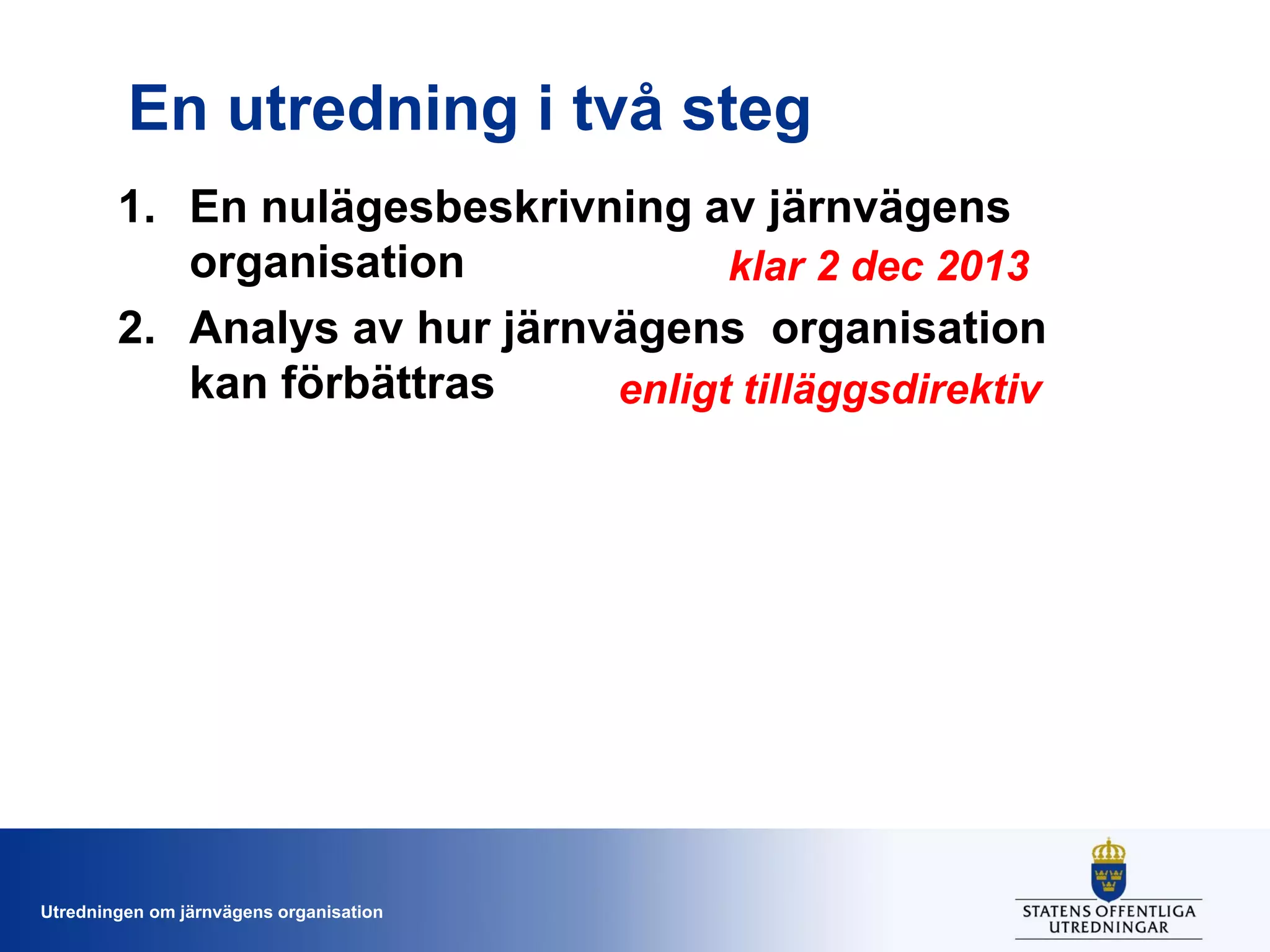 En utredning i två steg
1. En nulägesbeskrivning av järnvägens
organisation
klar 2 dec 2013
2. Analys av hur järnvägens organisation
kan förbättras
enligt tilläggsdirektiv

Utredningen om järnvägens organisation

 