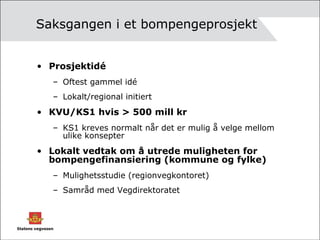 Saksgangen i et bompengeprosjekt Prosjektidé Oftest gammel idé Lokalt/regional initiert KVU/KS1 hvis > 500 mill kr KS1 kreves normalt når det er mulig å velge mellom ulike konsepter Lokalt vedtak om å utrede muligheten for bompengefinansiering (kommune og fylke) Mulighetsstudie (regionvegkontoret) Samråd med Vegdirektoratet 