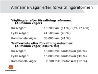 Allmänna vägar efter förvaltningsreformen Väglängder efter förvaltningsreformen: (Allmänna väger) Riksvägar: 10 200 km  (11 %)  (fra 27 400) Fylkesväger: 44 500 km  (48 %) Kommunala vägar: 38 000 km  (41 %) Trafikarbete efter förvaltningsreformen: (Allmänna väger, osäkra tal) Riksvägar: 18 000 mill. fordonskm (44 %) Fylkesvägar: 16 000 mill. fordonskm (39 %) Kommunala vägar:   7 000 mill. fordonskm (17 %) 