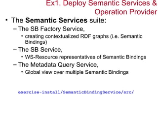 Ex1. Deploy Semantic Services &
                           Operation Provider
• The Semantic Services suite:
  – The SB Factory Service,
    • creating contextualized RDF graphs (i.e. Semantic
      Bindings)
  – The SB Service,
    • WS-Resource representatives of Semantic Bindings
  – The Metadata Query Service,
    • Global view over multiple Semantic Bindings


   exercise-install/SemanticBindingService/src/
 