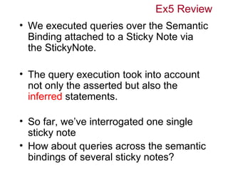 Ex5 Review
• We executed queries over the Semantic
  Binding attached to a Sticky Note via
  the StickyNote.

• The query execution took into account
  not only the asserted but also the
  inferred statements.

• So far, we’ve interrogated one single
  sticky note
• How about queries across the semantic
  bindings of several sticky notes?
 