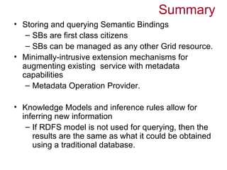 Summary
• Storing and querying Semantic Bindings
   – SBs are first class citizens
   – SBs can be managed as any other Grid resource.
• Minimally-intrusive extension mechanisms for
  augmenting existing service with metadata
  capabilities
   – Metadata Operation Provider.

• Knowledge Models and inference rules allow for
  inferring new information
   – If RDFS model is not used for querying, then the
     results are the same as what it could be obtained
     using a traditional database.
 