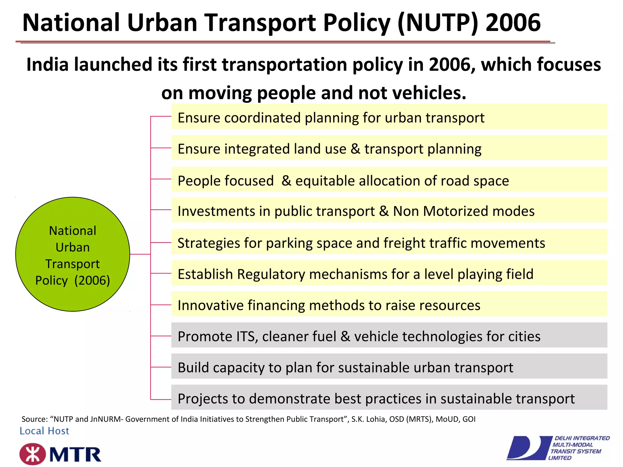 National Urban Transport Policy (NUTP) 2006
India launched its first transportation policy in 2006, which focuses
on moving people and not vehicles.
Promote ITS, cleaner fuel & vehicle technologies for cities
Projects to demonstrate best practices in sustainable transport
Build capacity to plan for sustainable urban transport
Ensure coordinated planning for urban transport
Ensure integrated land use & transport planning
People focused & equitable allocation of road space
Investments in public transport & Non Motorized modes
Strategies for parking space and freight traffic movements
Establish Regulatory mechanisms for a level playing field
Innovative financing methods to raise resources
National
Urban
Transport
Policy (2006)
Source: “NUTP and JnNURM- Government of India Initiatives to Strengthen Public Transport”, S.K. Lohia, OSD (MRTS), MoUD, GOI
 