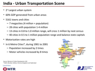 • 2nd
Largest urban system
• 60% GDP generated from urban areas
• 5161 towns and cities
– 7 megacities (4 million + population)
– 28 cities with population 1-4 million
– 13 cities in 0.8 to 1.0 million range, will cross 1 million by next census
– 40 cities in 0.5 to 1 million population range and balance state capitals
• Motorization rates are high
• In 6 Metro Cities*, during 1981 to 2001
– Population increased by 2 times
– Motor vehicles increased by 8 times
India - Urban Transportation Scene
Source: Ministry of Urban Development, GOI
* Delhi, Mumbai, Kolkata, Chennai, Bangalore and Hyderabad
 