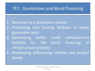 TF1 : Guarantees and Bond financing
1. Recourse to a Guarantee adviser
2. Promoting cost sharing facilities to lower
guarantee costs
3. Developing public credit enhancement
facilities for the bond financing of
infrastructure projects
4. Developing refinancing vehicles and project
bonds
4th December 2014 – ISMED Annual
Conference
1
 