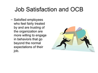 Job Satisfaction and OCB Satisfied employees who feel fairly treated by and are trusting of the organization are more willing to engage in behaviors that go beyond the normal expectations of their job. 