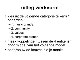 uitleg werkvorm
• kies uit de volgende categorie telkens 1
onderdeel:
– 1. music brands
– 2. community
– 3. values
– 4. corporate brands
• maak koppelingen tussen de 4 entiteiten
door middel van het volgende model
• onderbouw de keuzes die je maakt
 