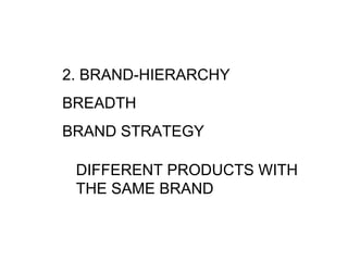 2. BRAND-HIERARCHY
BREADTH
BRAND STRATEGY
DIFFERENT PRODUCTS WITH
THE SAME BRAND
 