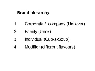 Brand hierarchy
1. Corporate / company (Unilever)
2. Family (Unox)
3. Individual (Cup-a-Soup)
4. Modifier (different flavours)
 