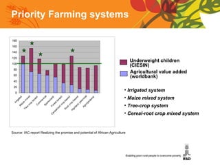 Priority Farming systems Agricultural value added (worldbank) Underweight children (CIESIN) Irrigated system Maize mixed system Tree-crop system Cereal-root crop mixed system Source: IAC-report Realizing the promise and potential of African Agriculture 