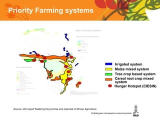 Priority Farming systems Source: IAC-report Realizing the promise and potential of African Agriculture Irrigated system Maize mixed system Tree crop based system Cereal root crop mixed system Hunger Hotspot (CIESIN) 