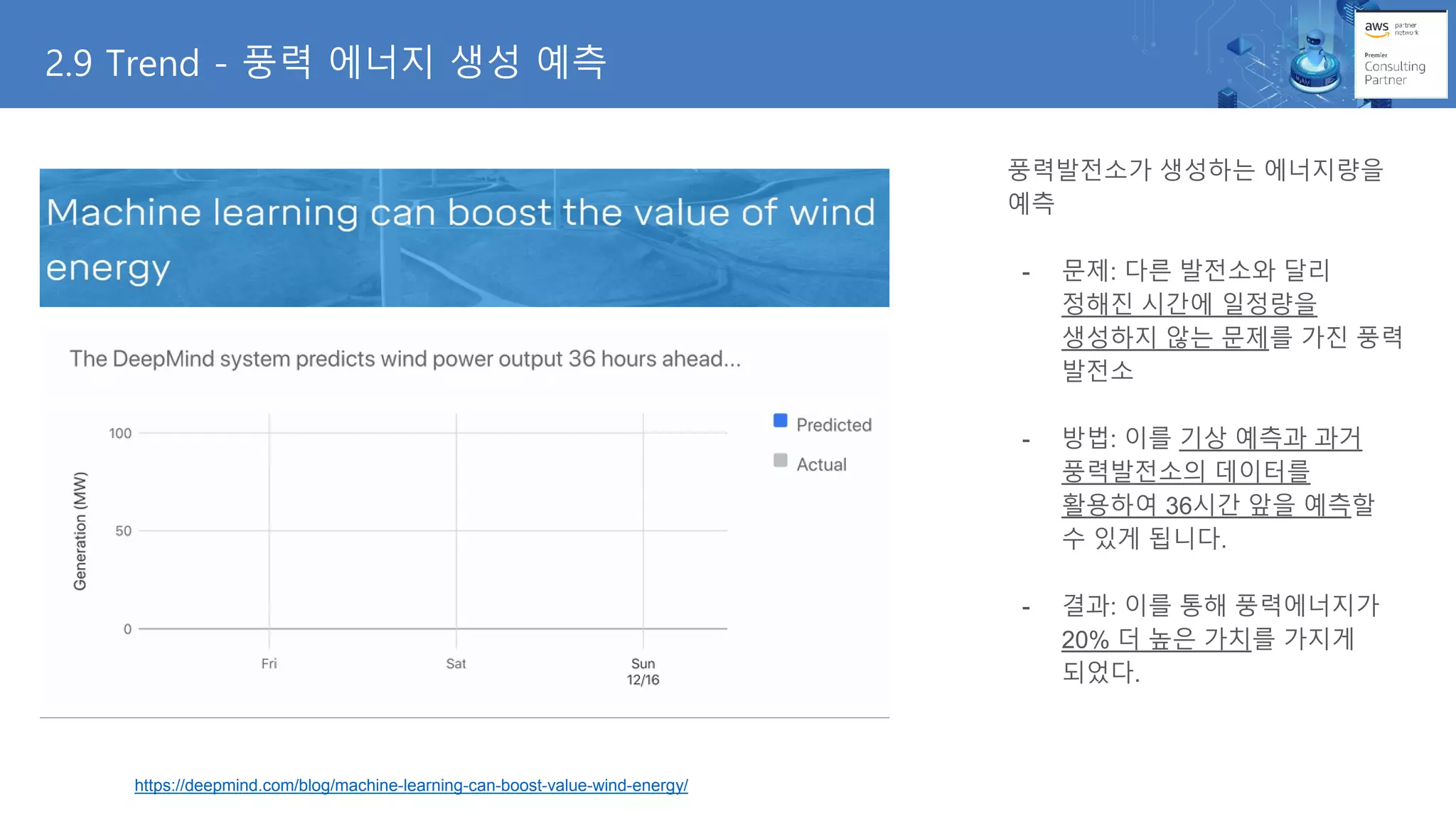 풍력발전소가 생성하는 에너지량을
예측
- 문제: 다른 발전소와 달리
정해진 시간에 일정량을
생성하지 않는 문제를 가진 풍력
발전소
- 방법: 이를 기상 예측과 과거
풍력발전소의 데이터를
활용하여 36시간 앞을 예측할
수 있게 됩니다.
- 결과: 이를 통해 풍력에너지가
20% 더 높은 가치를 가지게
되었다.
2.9 Trend - 풍력 에너지 생성 예측
https://deepmind.com/blog/machine-learning-can-boost-value-wind-energy/
 