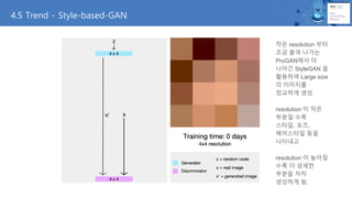 작은 resolution 부터
조금 붙여 나가는
ProGAN에서 더
나아간 StyleGAN 을
활용하여 Large size
의 이미지를
정교하게 생성
resolution 이 작은
부분일 수록
스타일, 포즈,
헤어스타일 등을
나타내고
resolution 이 높아질
수록 더 섬세한
부분을 차차
생성하게 됨.
4.5 Trend - Style-based-GAN
 