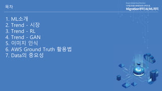 목차
1. ML소개
2. Trend - 시장
3. Trend - RL
4. Trend - GAN
5. 이미지 인식
6. AWS Ground Truth 활용법
7. Data의 중요성
 