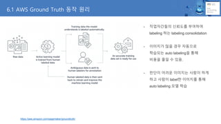6.1 AWS Ground Truth 동작 원리
https://aws.amazon.com/sagemaker/groundtruth/
- 작업자간들의 신뢰도를 부여하여
labeling 하는 labeling consolidation
- 이미지가 많을 경우 자동으로
학습되는 auto labeling을 통해
비용을 줄일 수 있음.
- 판단이 어려운 이미지는 사람이 하게
하고 사람이 label한 이미지를 통해
auto labeling 모델 학습
 