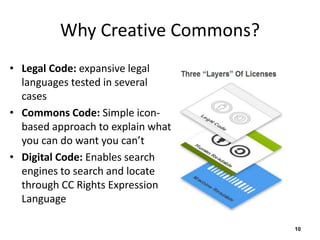 Why Creative Commons?
• Legal Code: expansive legal
languages tested in several
cases
• Commons Code: Simple icon-
based approach to explain what
you can do want you can’t
• Digital Code: Enables search
engines to search and locate
through CC Rights Expression
Language
10
 