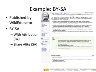 Example: BY-SA
• Published by
WikiEducator
• BY-SA
– With Attribution
(BY)
– Share Alike (SA)
 