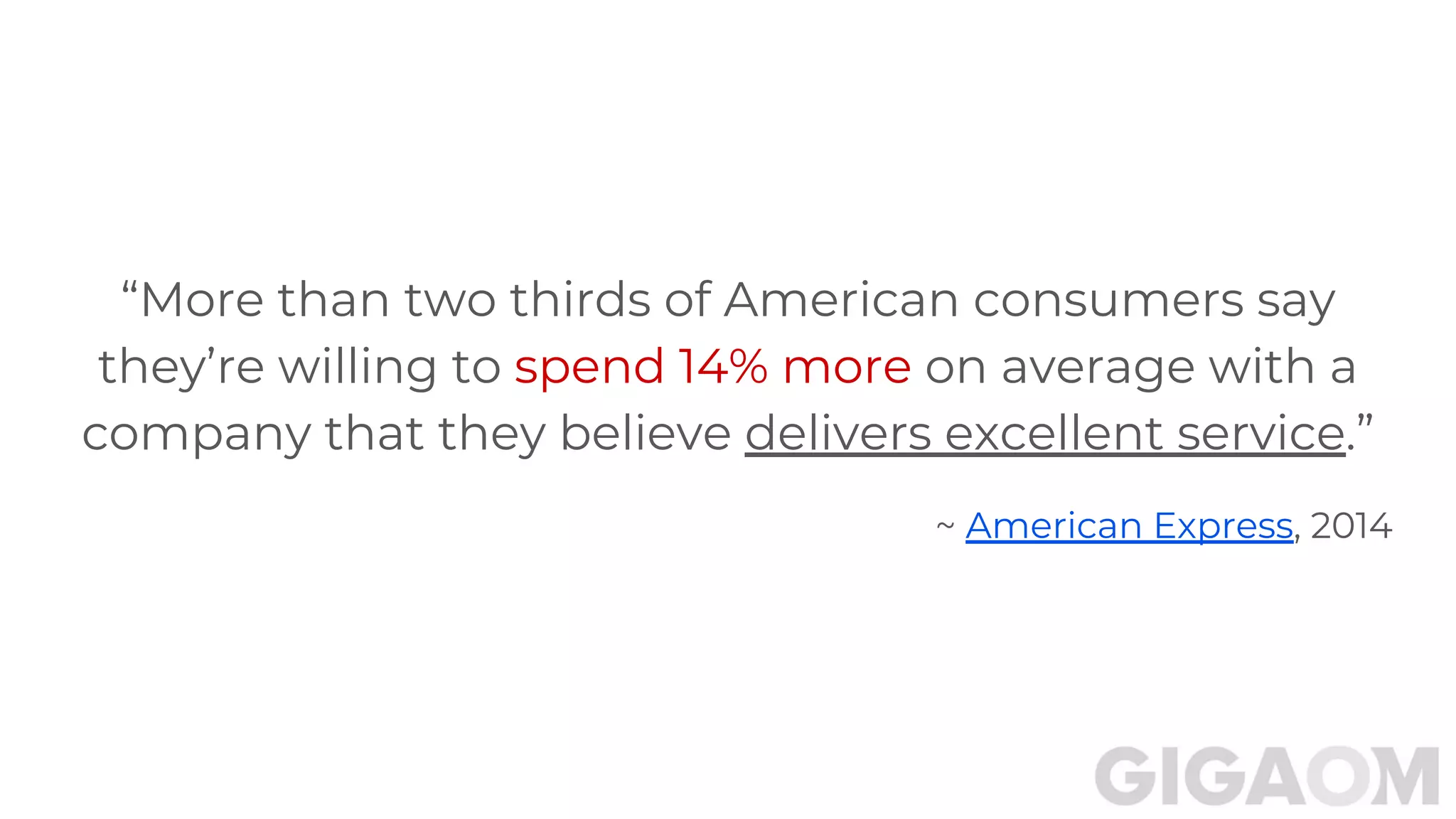 “More than two thirds of American consumers say
they’re willing to spend 14% more on average with a
company that they believe delivers excellent service.”
~ American Express, 2014
 
