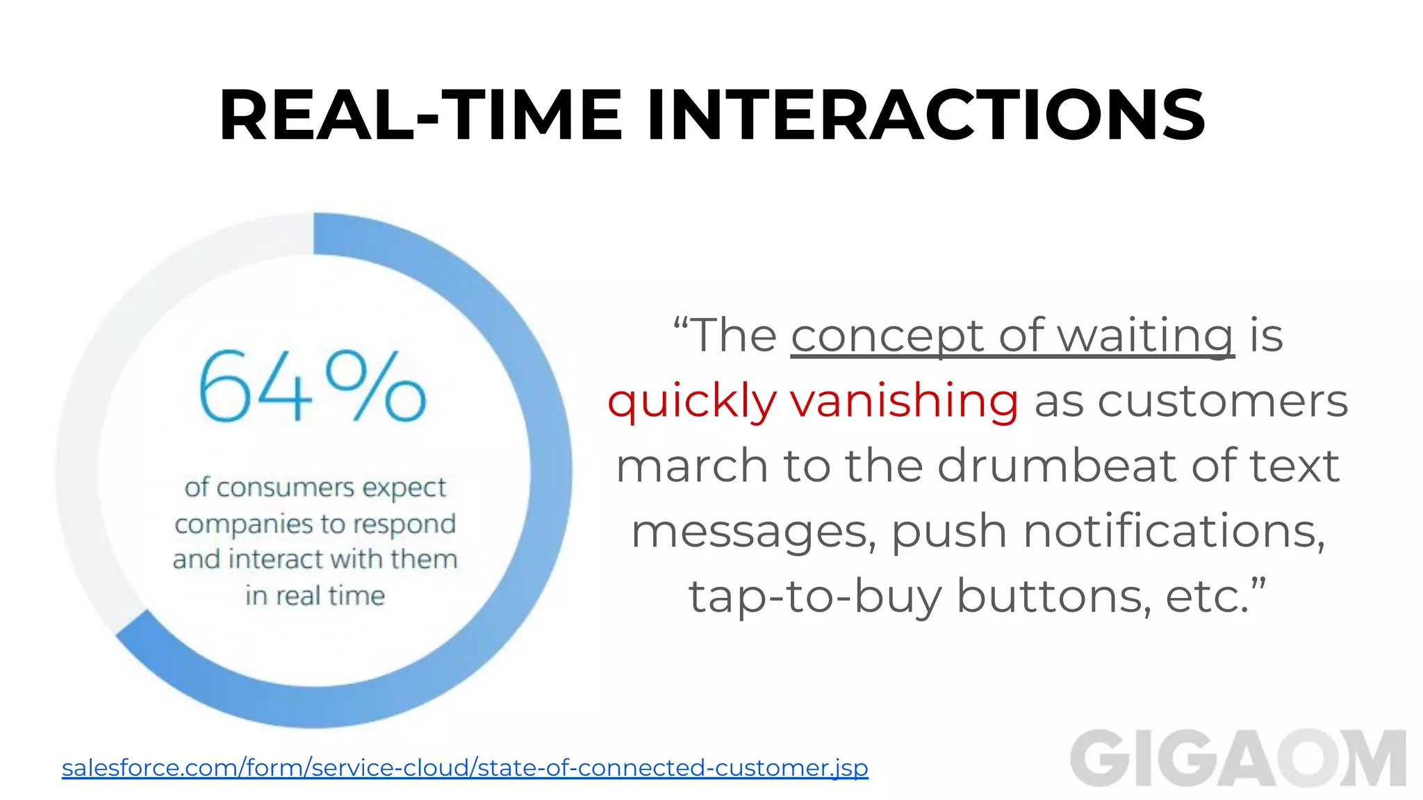 REAL-TIME INTERACTIONS
“The concept of waiting is
quickly vanishing as customers
march to the drumbeat of text
messages, push notifications,
tap-to-buy buttons, etc.”
salesforce.com/form/service-cloud/state-of-connected-customer.jsp
 