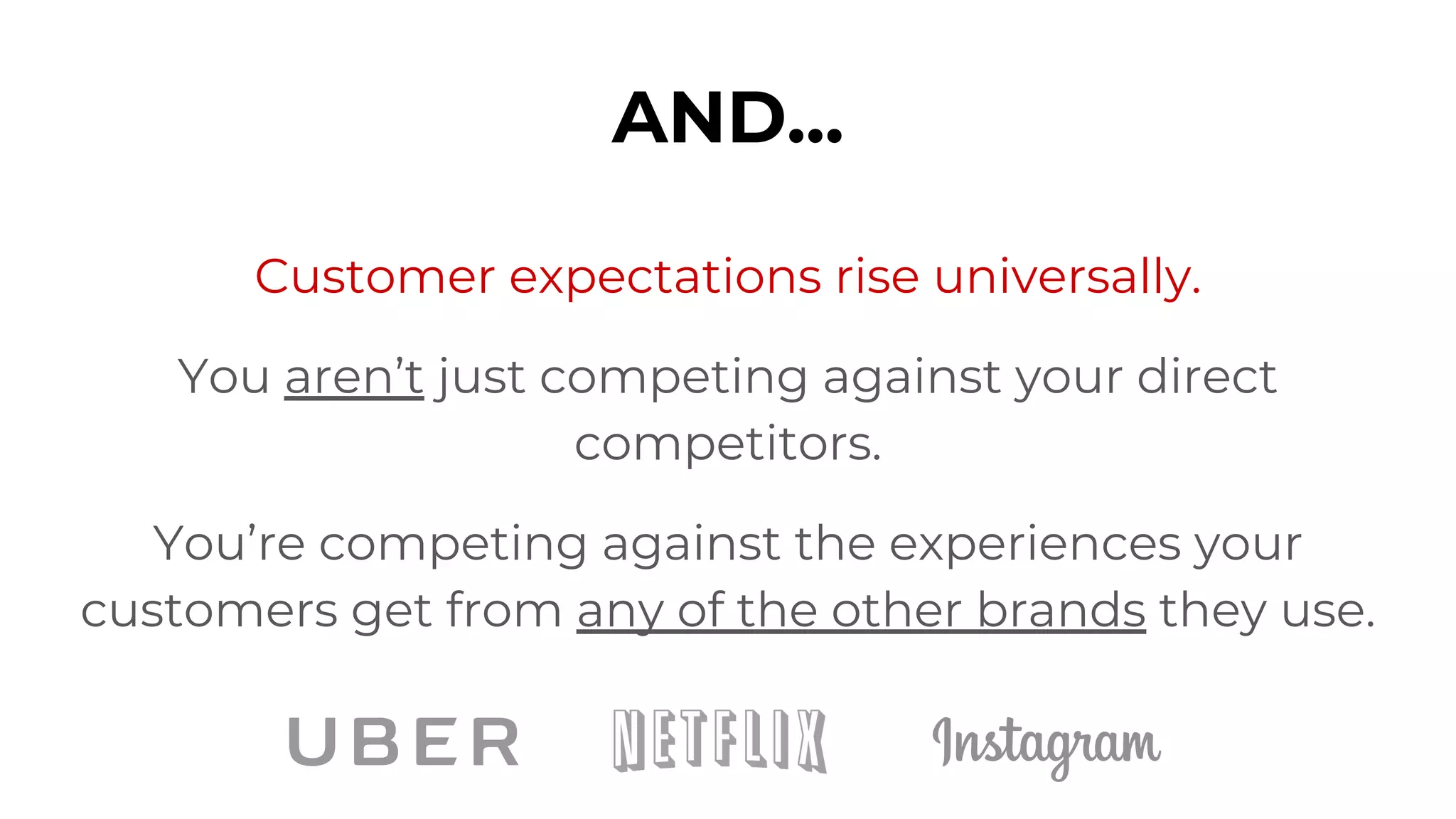 Customer expectations rise universally.
You aren’t just competing against your direct
competitors.
You’re competing against the experiences your
customers get from any of the other brands they use.
AND...
 