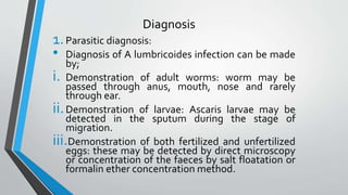 Diagnosis
1.Parasitic diagnosis:
• Diagnosis of A lumbricoides infection can be made
by;
i. Demonstration of adult worms: worm may be
passed through anus, mouth, nose and rarely
through ear.
ii.Demonstration of larvae: Ascaris larvae may be
detected in the sputum during the stage of
migration.
iii.Demonstration of both fertilized and unfertilized
eggs: these may be detected by direct microscopy
or concentration of the faeces by salt floatation or
formalin ether concentration method.
 