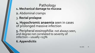 Nov 2009 32
Pathology
1. Mechanical damage to mucosa
2. Abdominal cramps
3. Rectal prolapse
4. Hypochromic anaemia seen in cases
of prolonged massive infection
5. Peripheral eosinophilia: not always seen,
and degree not correlated to severity of
infection – usually <15%
6. Appendicitis
 
