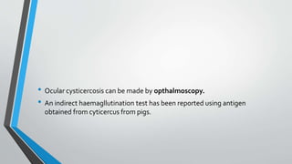 • Ocular cysticercosis can be made by opthalmoscopy.
• An indirect haemagllutination test has been reported using antigen
obtained from cyticercus from pigs.
 