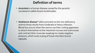 Definition of terms
• Ascariasis is a human disease caused by the parasitic
roundworm called Ascaris lumbricoides.
• Hookworm disease” refers primarily to the iron-deficiency
anemia those results from moderate or heavy infection.
Blood loss occurs when the worms use their cutting apparatus
to attach themselves to the intestinal mucosa and submucosa
and contract their muscular esophagi to create negative
pressure, which sucks a plug of tissue into their buccal
capsules
 
