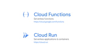 Cloud Run
Cloud Functions
Serverless applications & containers
Serverless functions
https://cloud.run
https://cloud.google.com/functions
 